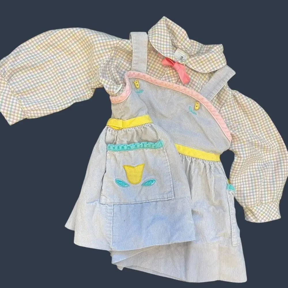 Vintage 70s Pastel Blue Pink Tulip Corduroy Romper + Plaid Shirt Set Baby 2T